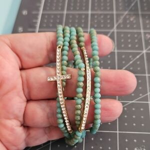 Turquoise and Gold Beaded Cross Bracelet